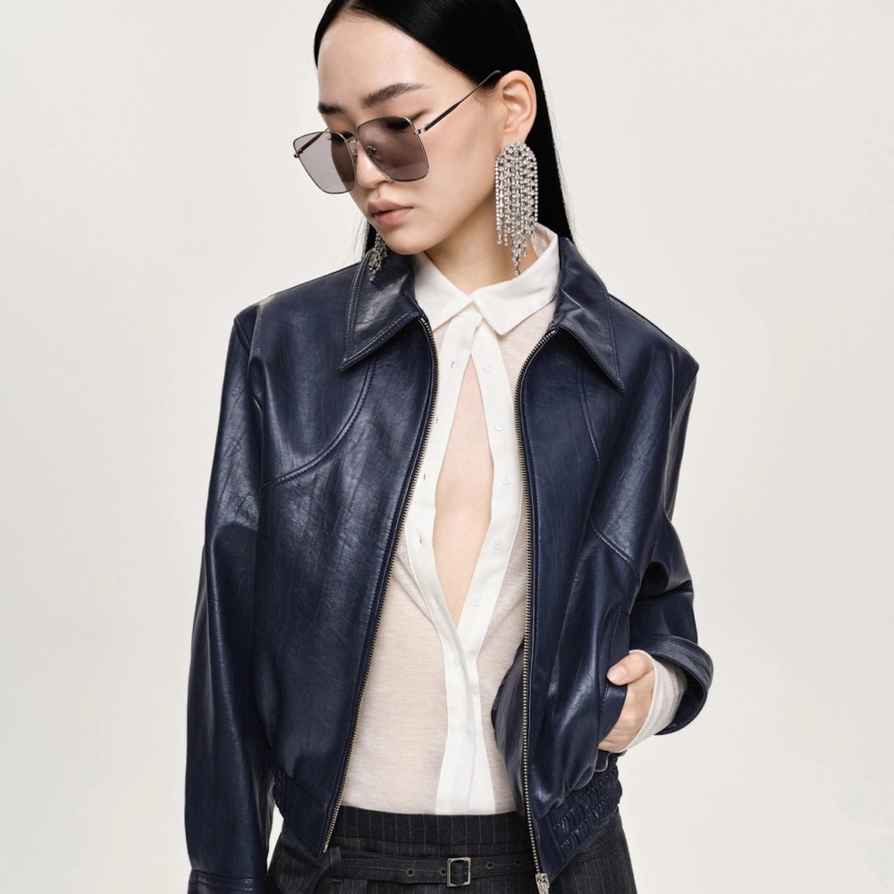 Source Unknown Dark Blue Leather Jacket